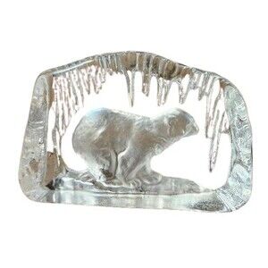 T5 Nybro Polar Bear Crystal Block Hand Made Swedish Art By Rune Strand Paperweig